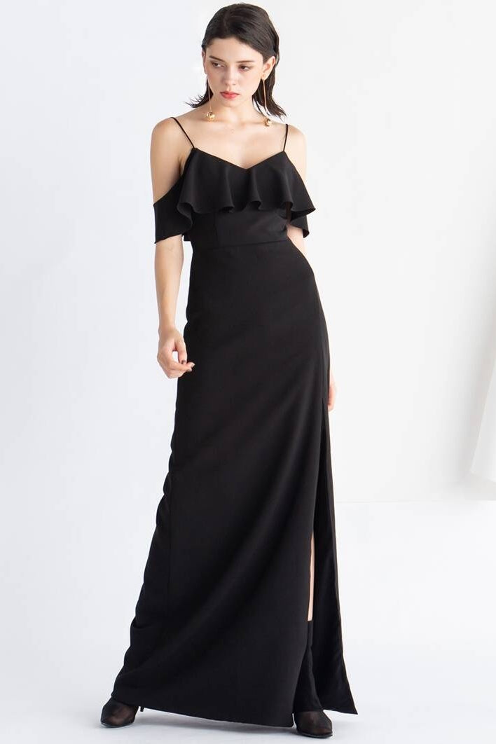 Black V-Neck Ruffle A-Line Satin Party Prom Dress With Slit