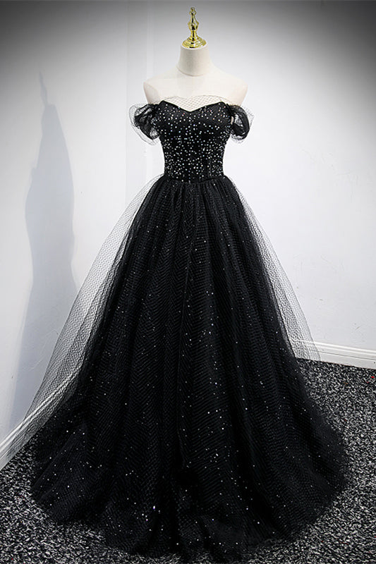 Black Off-the-Shoulder Beaded Tulle Lace-Up Back Long Formal Dress