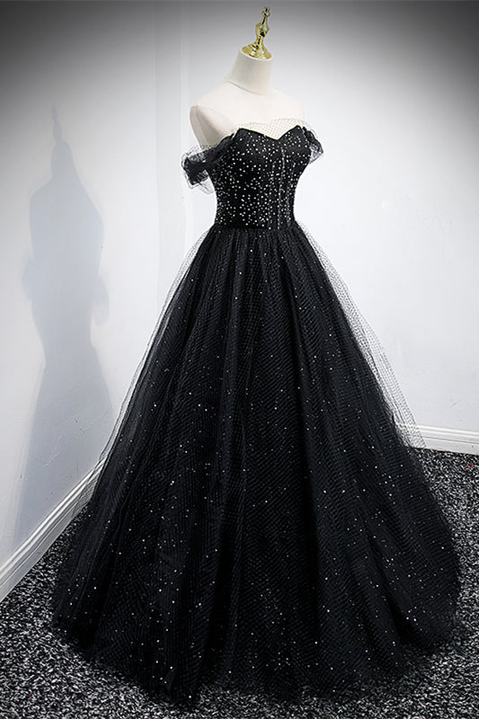 Black Off-the-Shoulder Beaded Tulle Lace-Up Back Long Formal Dress