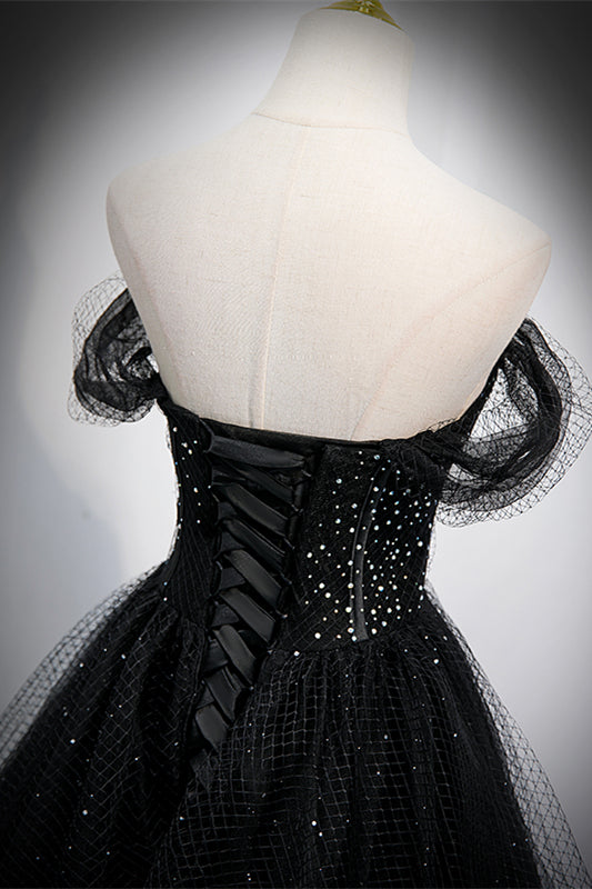 Black Off-the-Shoulder Beaded Tulle Lace-Up Back Long Formal Dress