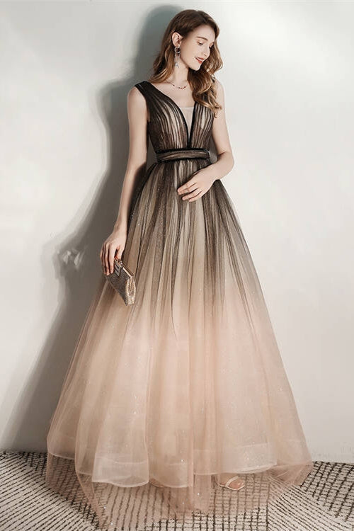 Black and Champagne Ombre Long Evening Dress