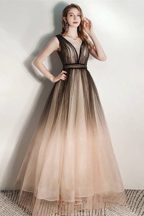 Black and Champagne Ombre Long Evening Dress