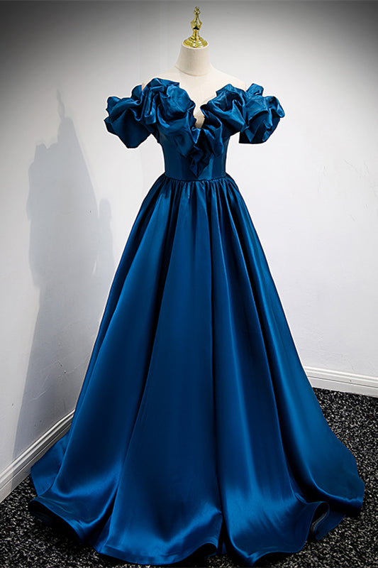Satin A-Line Ruffle Off-Shoulder Empire Party Prom Dress