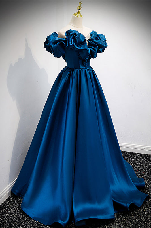 Dark Blue Ruffle Off-the-Shoulder V Neck Lace-Up Long Formal Dress