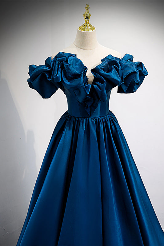 Dark Blue Ruffle Off-the-Shoulder V Neck Lace-Up Long Formal Dress