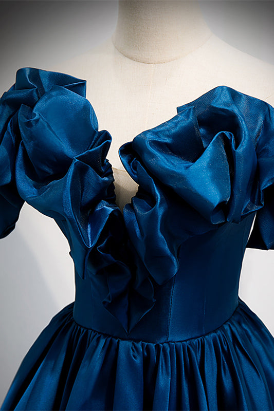 Dark Blue Ruffle Off-the-Shoulder V Neck Lace-Up Long Formal Dress ...