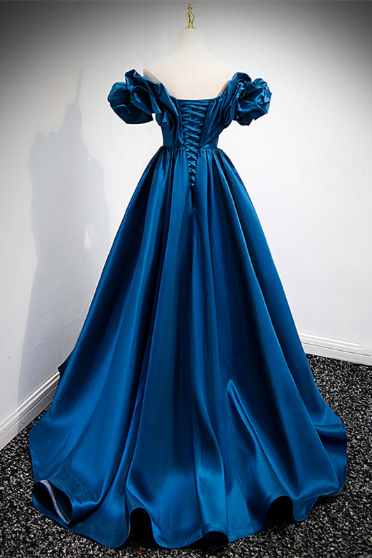 Dark Blue Ruffle Off-the-Shoulder V Neck Lace-Up Long Formal Dress
