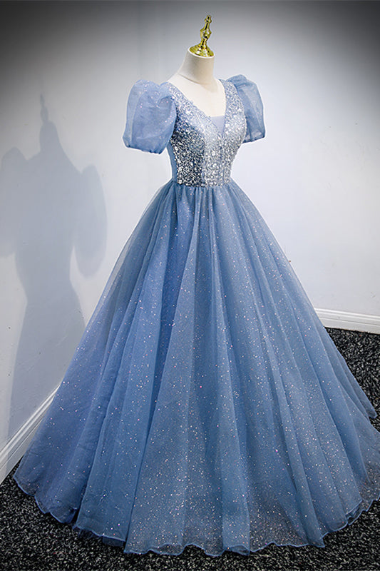 Blue Tulle V Neck Puff Sleeves Applique Lace-Up Back Long Formal Dress