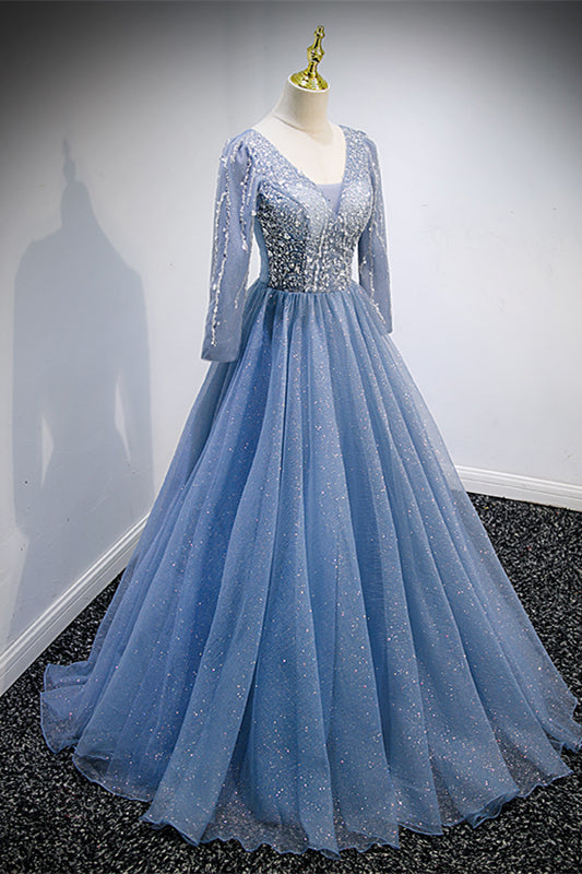 Blue Tulle V Neck Long Sleeves Sequins Lace-Up Back Long Formal Dress