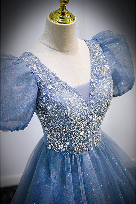 V-Neck Short Sleeves Tulle A-Line Beaded Sparkly Prom Dress | Joyofdress V-Neck Short Sleeves Tulle A-Line Beaded Sparkly Prom Dress | Joyofdress