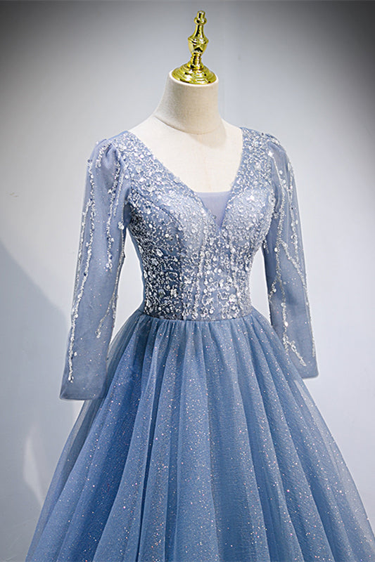 Blue Tulle V Neck Long Sleeves Sequins Lace-Up Back Long Formal Dress