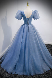 Blue Tulle V Neck Puff Sleeves Applique Lace-Up Back Long Formal Dress