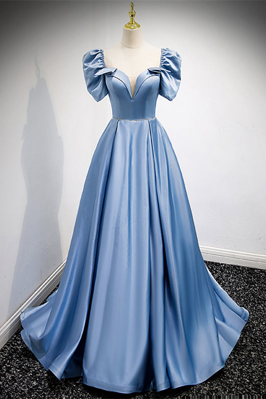 Light Blue A-line V Neck Puff Sleeves Beaded Bow Long Formal Dress