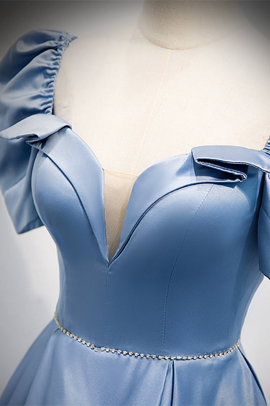 Light Blue A-line V Neck Puff Sleeves Beaded Bow Long Formal Dress