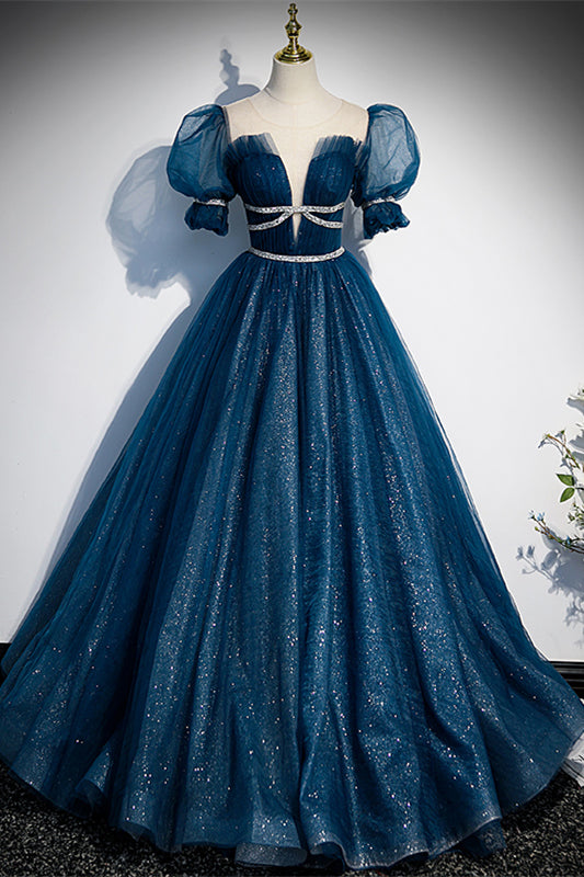 Dark Navy Tulle Illusion Neck Puff Sleeves Beaded Long Formal Dress with Button