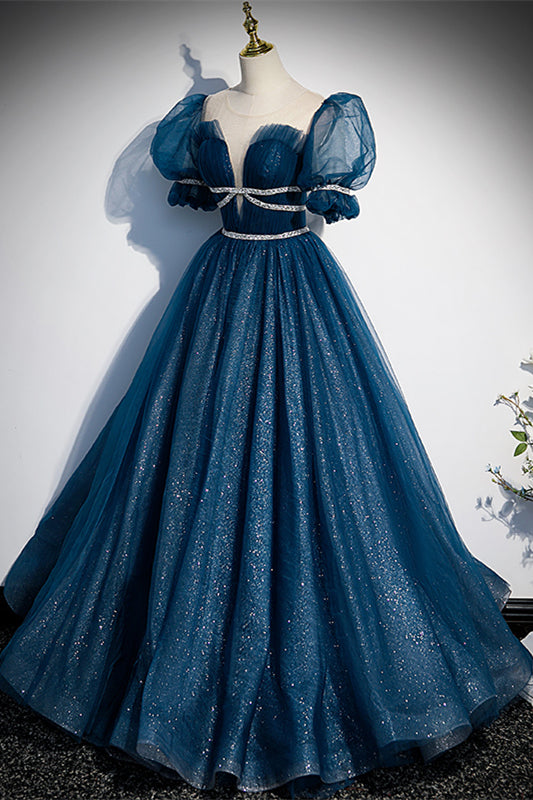 Dark Navy Tulle Illusion Neck Puff Sleeves Beaded Long Formal Dress with Button