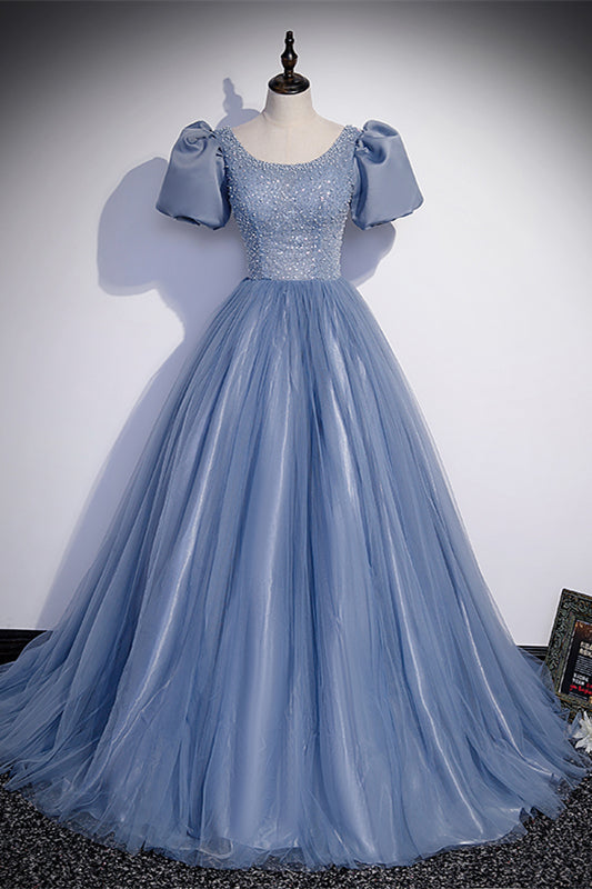 Light Blue Jewel Puff Sleeves Beaded Long Formal Dress with Sequins