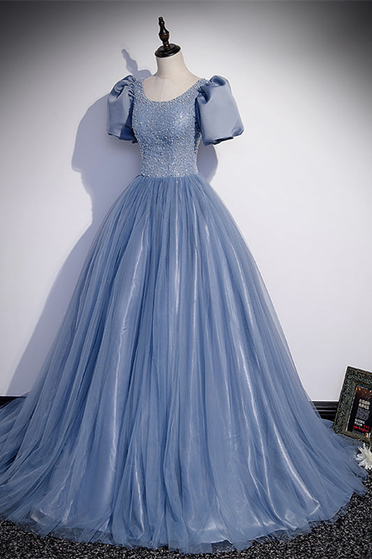 Light Blue Jewel Puff Sleeves Beaded Long Formal Dress with Sequins