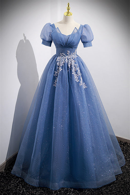 Light Blue Puff Sleeves Appliques Long Formal Dress