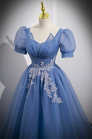 Light Blue Puff Sleeves Appliques Long Formal Dress