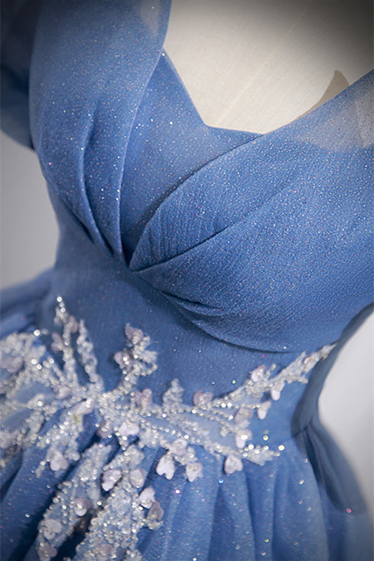 Light Blue Puff Sleeves Appliques Long Formal Dress