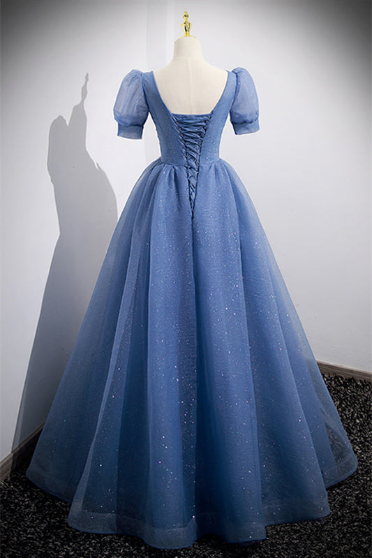 Light Blue Puff Sleeves Appliques Long Formal Dress