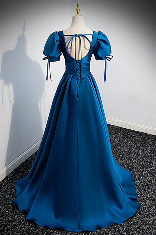 Blue Bow Tie Back V Neck Puff Sleeves Pleated Long Formal Dress