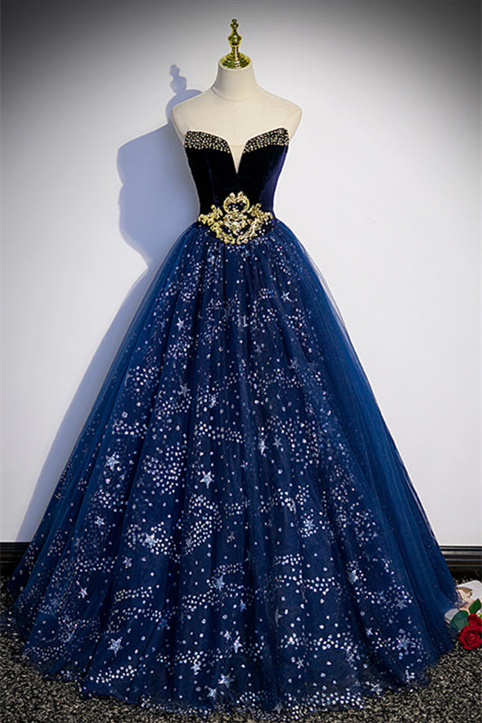Dark Blue Strapless Beaded Long Formal Dress with Detachable Off-the-Shoulder