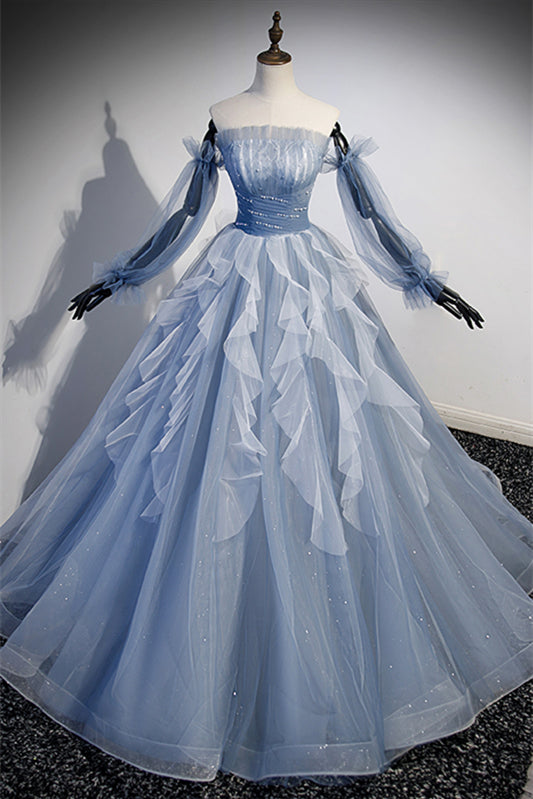 Light Blue Ruffle Strapless Beaded Long Formal Dress with Detachable Sleeves