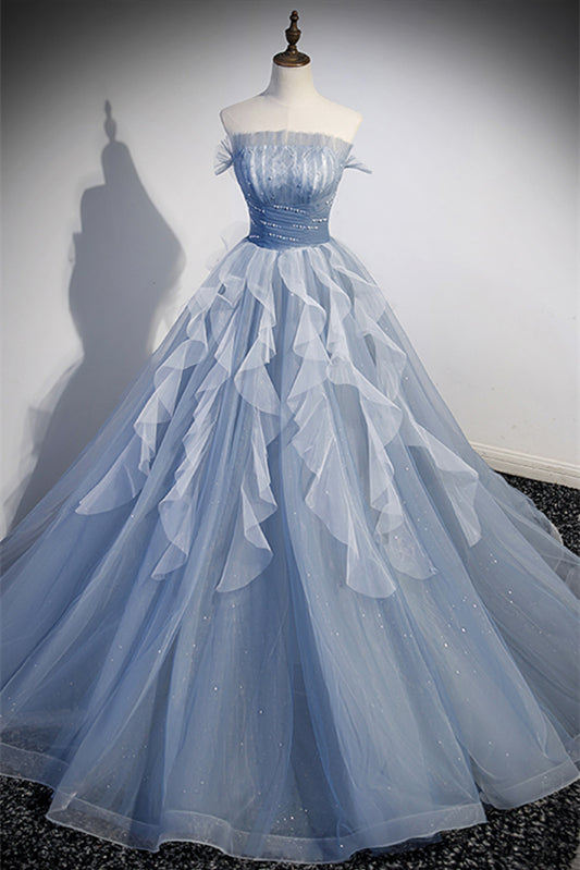 Light Blue Ruffle Strapless Beaded Long Formal Dress with Detachable S