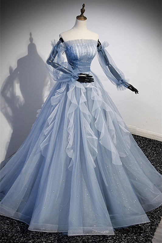 Light Blue Ruffle Strapless Beaded Long Formal Dress with Detachable Sleeves