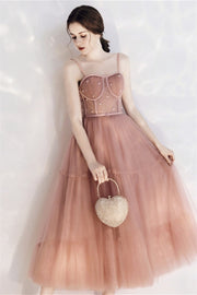 Blush Pink Tulle Tea Length Dress