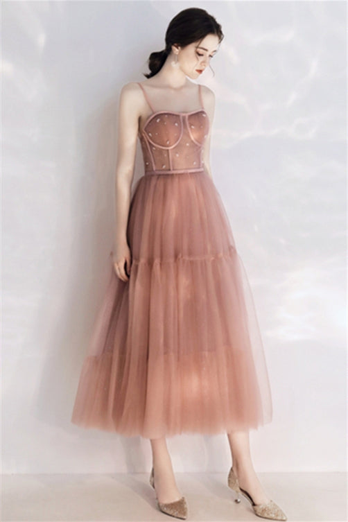 Blush Pink Tulle Tea Length Dress