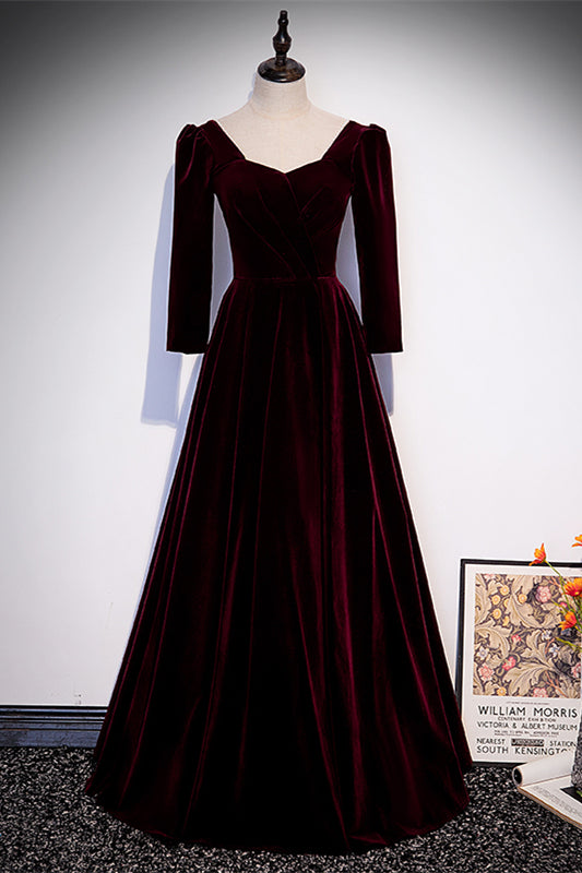 Burgundy Long Sleeves Velvet Long Formal Dress with Pearl Beaded