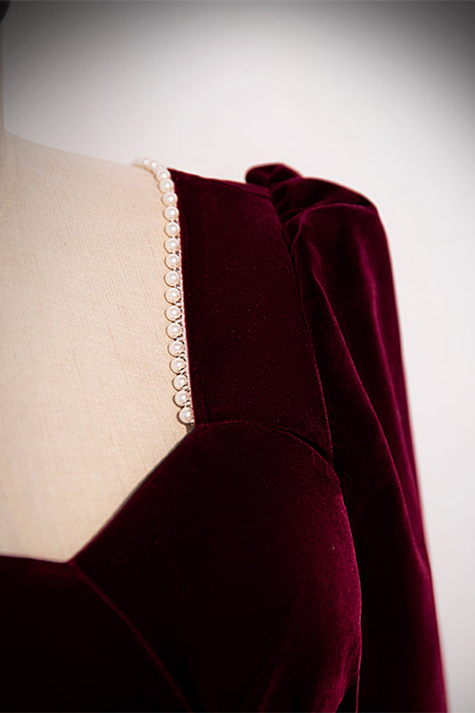 Burgundy Long Sleeves Velvet Long Formal Dress with Pearl Beaded