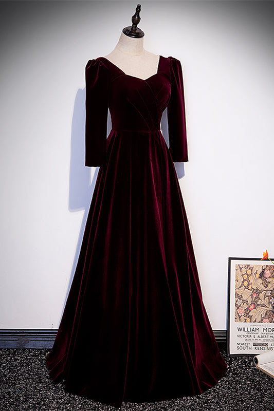 Burgundy Long Sleeves Velvet Long Formal Dress with Pearl Beaded