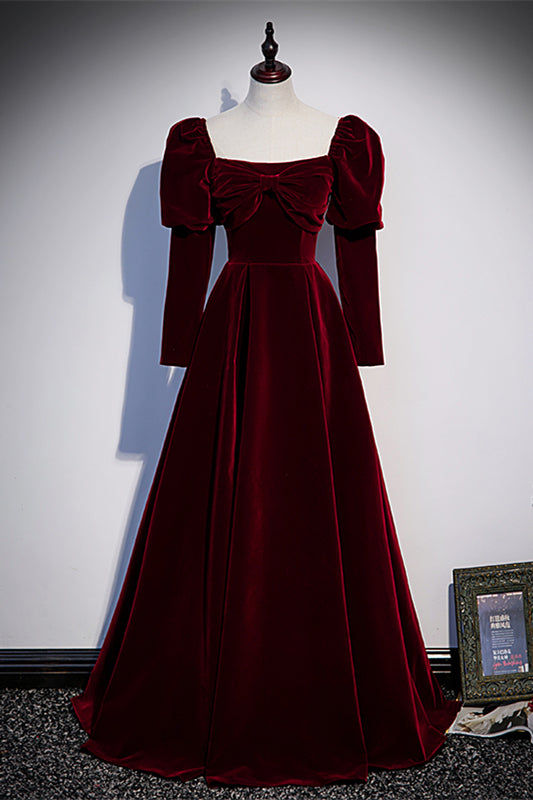 Burgundy Square Neck Puff Long Sleeves Velvet Long Formal Dress with Bow