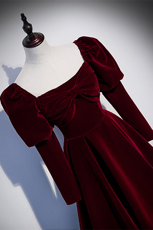 Burgundy Square Neck Puff Long Sleeves Velvet Long Formal Dress with Bow