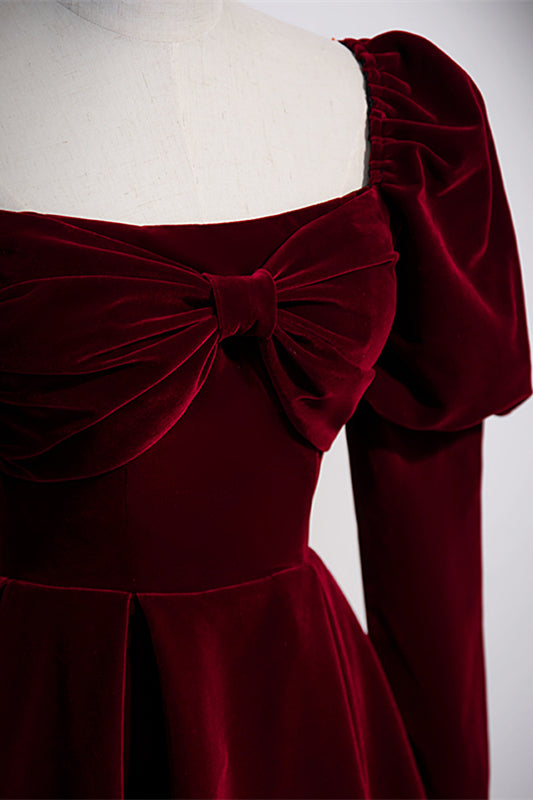 Burgundy Square Neck Puff Long Sleeves Velvet Long Formal Dress with Bow