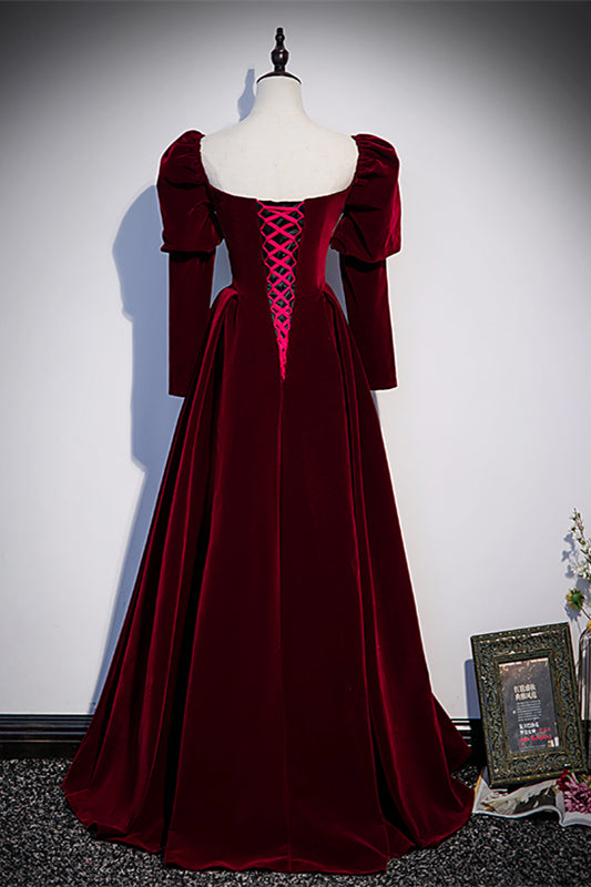 Burgundy Square Neck Puff Long Sleeves Velvet Long Formal Dress with B Joyofdress