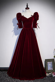 Burgundy V Neck Puff Sleeves Bow Tie Detail Velvet Long Formal Dress