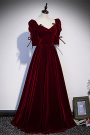 Burgundy V Neck Puff Sleeves Bow Tie Detail Velvet Long Formal Dress