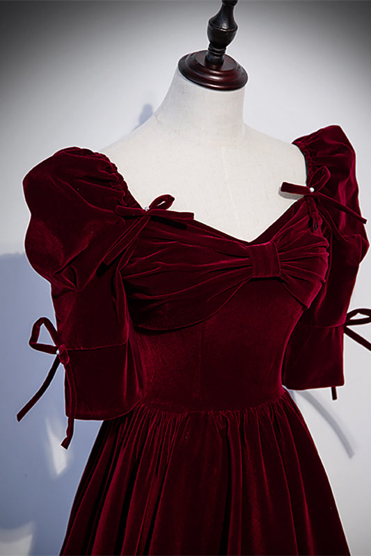 Burgundy V Neck Puff Sleeves Bow Tie Detail Velvet Long Formal Dress