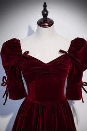 Burgundy V Neck Puff Sleeves Bow Tie Detail Velvet Long Formal Dress