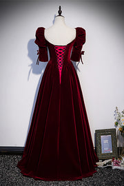 Burgundy V Neck Puff Sleeves Bow Tie Detail Velvet Long Formal Dress