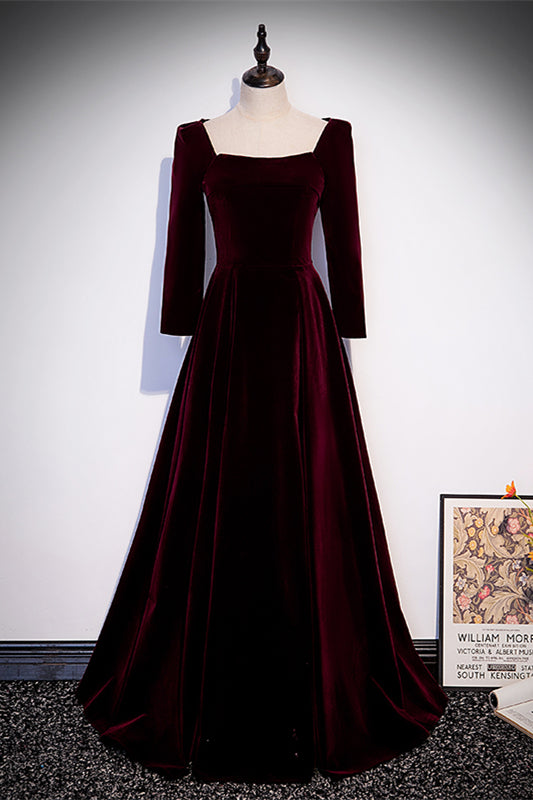 Burgundy Square Neck Long Sleeves Velvet Long Formal Dress