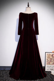 Burgundy Square Neck Long Sleeves Velvet Long Formal Dress