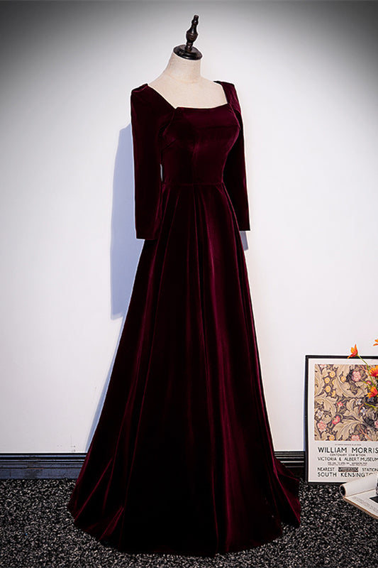 Burgundy Square Neck Long Sleeves Velvet Long Formal Dress