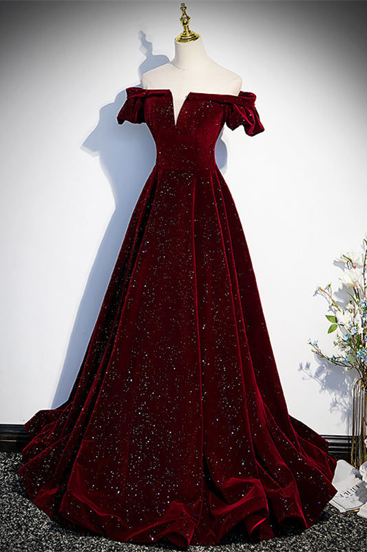 Off-Shoulder A-Line Empire Velvet Beaded Prom Party Dress Burgundy / US 8