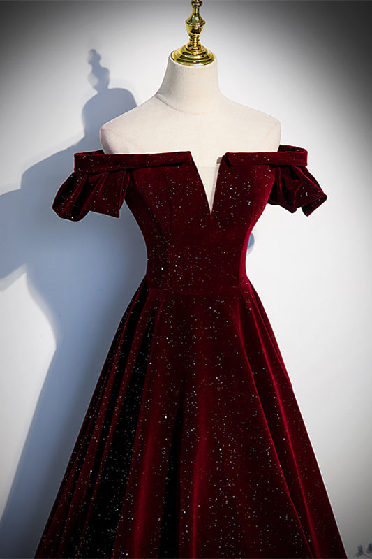 Off-Shoulder A-Line Empire Velvet Beaded Prom Party Dress